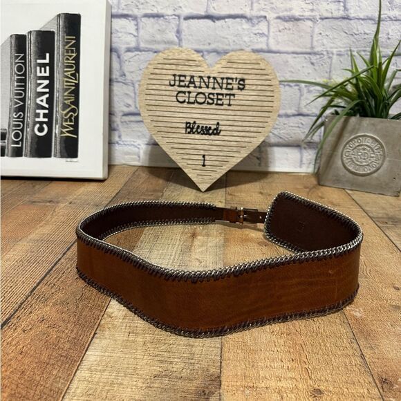 Calvin Klein Brown Leather Asymmetrical Wide Chain Trim Belt Size Large - Picture 4 of 11